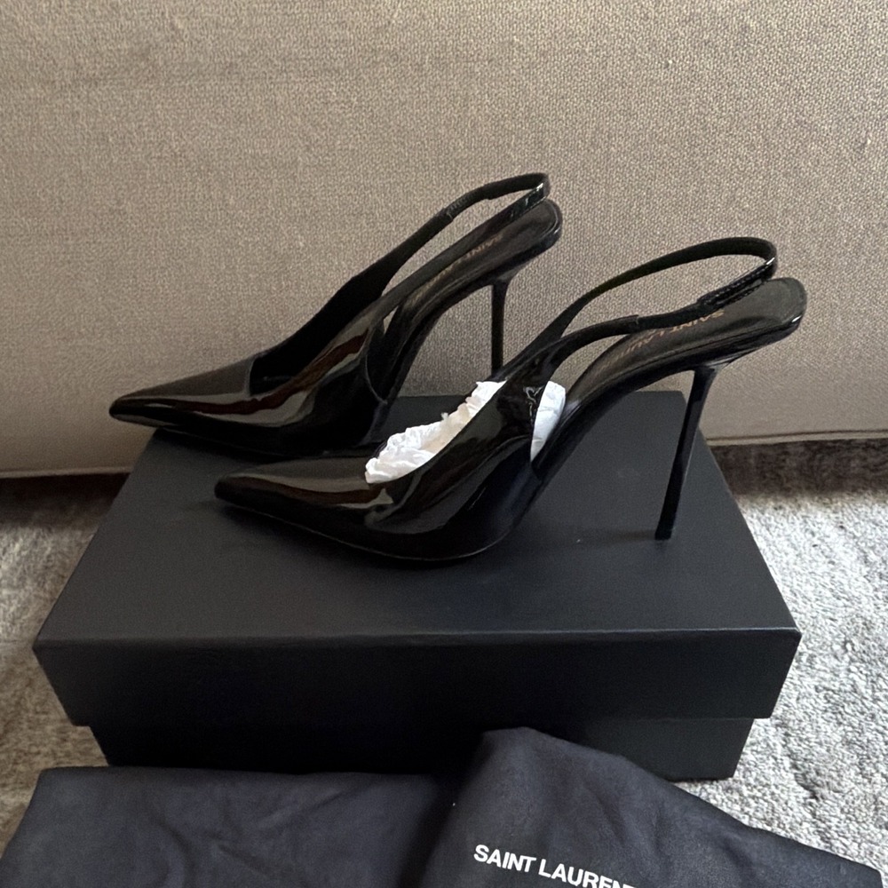 Saint Laurent Black Patent Leather Logo Slingback Pointed Toe Stiletto 8.5 - Picture 6 of 6